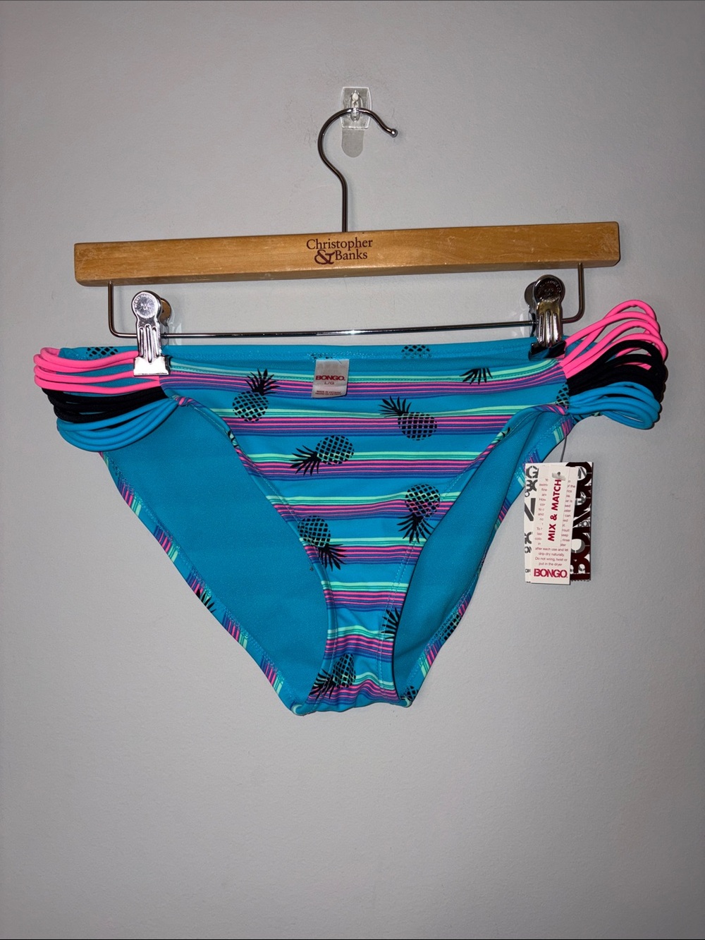 BONGO Turquoise Stripe Pineapple Bikini Bottoms with Pink Accents Large